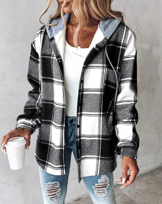 Veste à Carreaux Capuche Doublure Chaude pour Femme