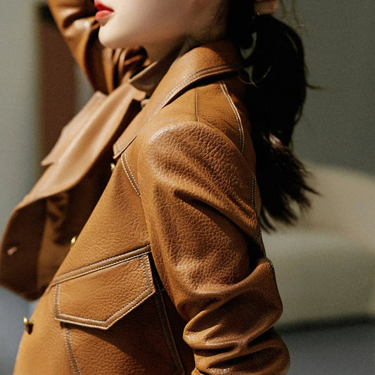 Blazer en Similicuir Court Revers Structuré pour Femme