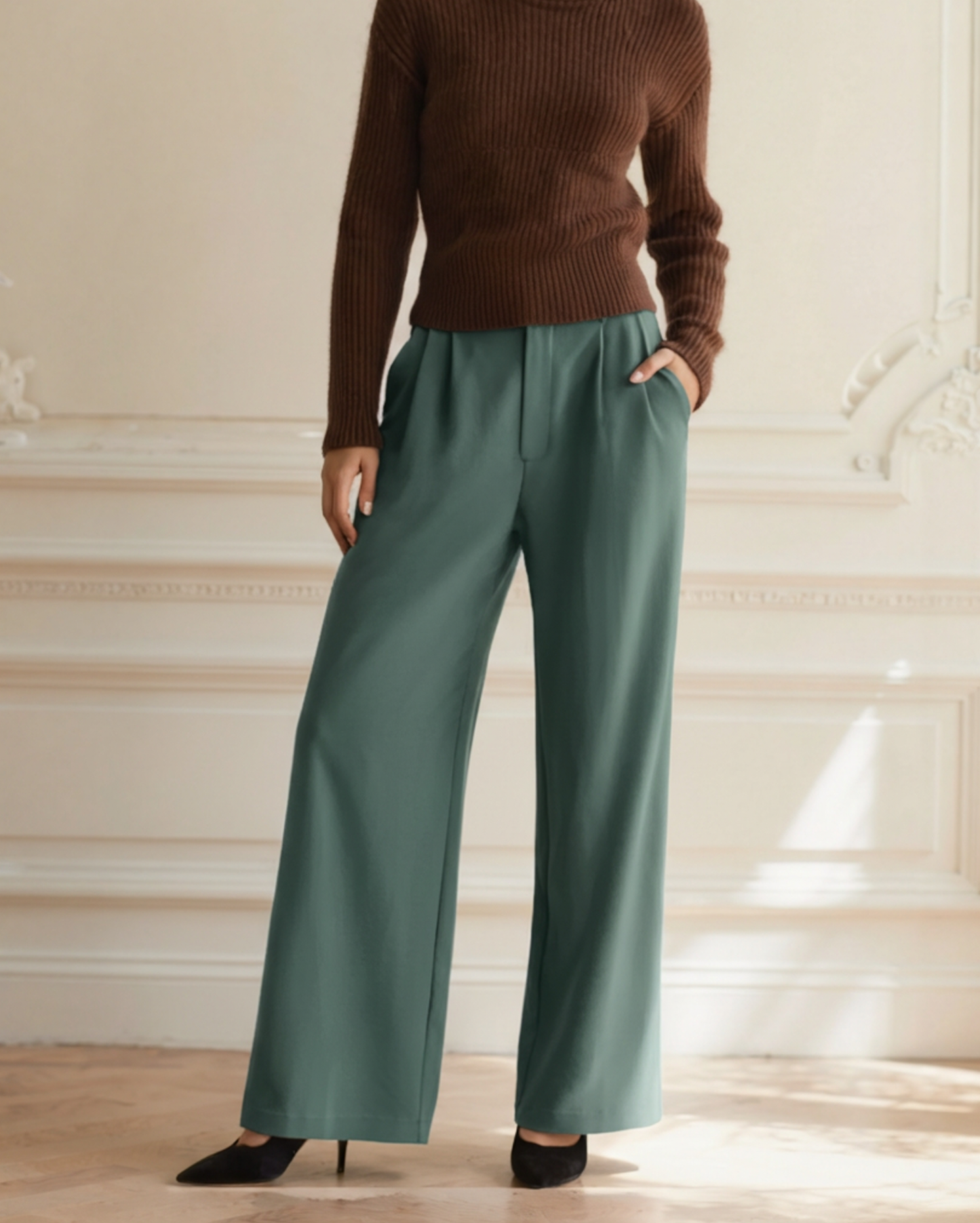 Pantalon Jambe Large Taille Structurée pour Femme