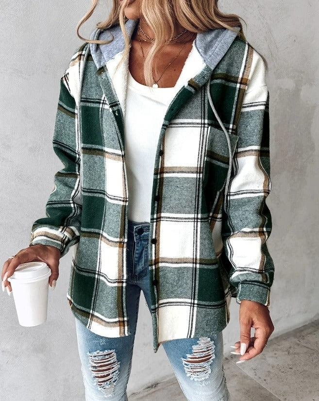 Veste à Carreaux Capuche Doublure Chaude pour Femme