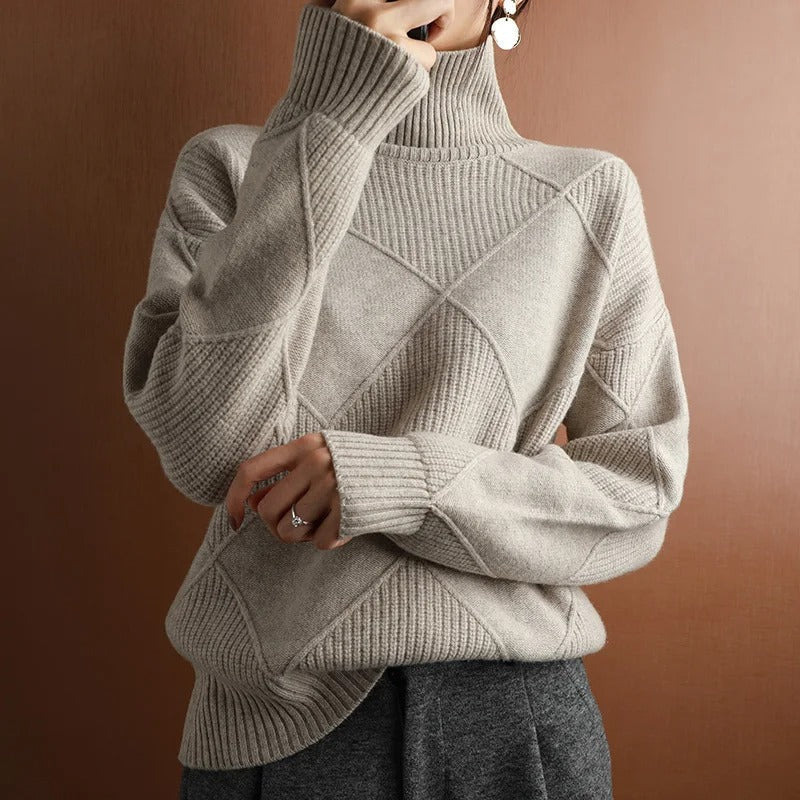 Pull Col Roulé Motif Losange Tricoté Main pour Femme