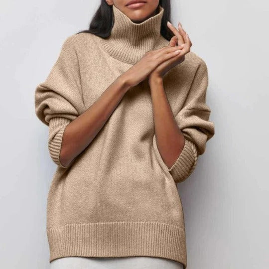 Pull Col Roulé Oversize à Bordures Côtelées pour Femme