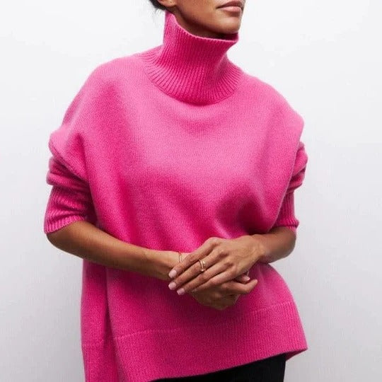 Pull Col Roulé Oversize à Bordures Côtelées pour Femme