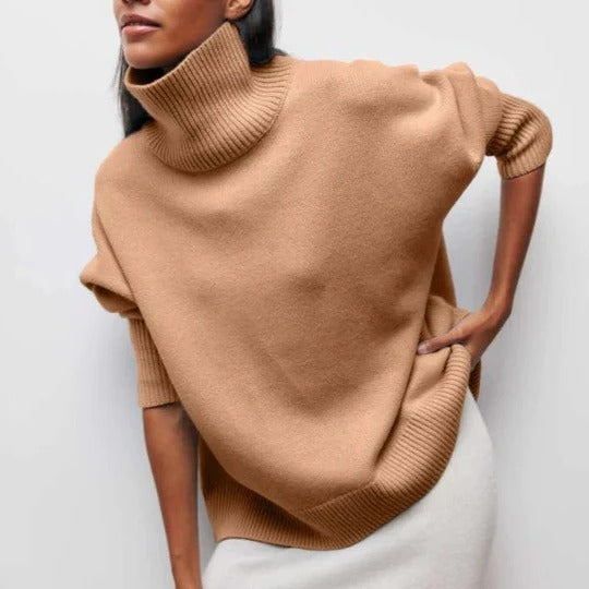 Pull Col Roulé Oversize à Bordures Côtelées pour Femme