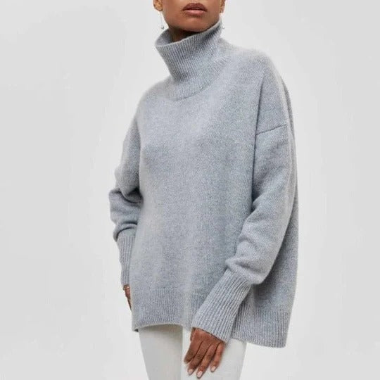 Pull Col Roulé Oversize à Bordures Côtelées pour Femme