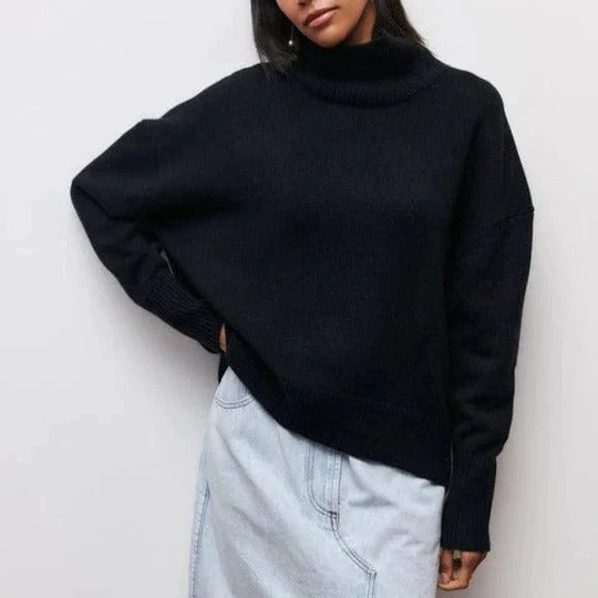 Pull Col Roulé Oversize à Bordures Côtelées pour Femme