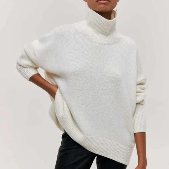 Pull Col Roulé Oversize à Bordures Côtelées pour Femme