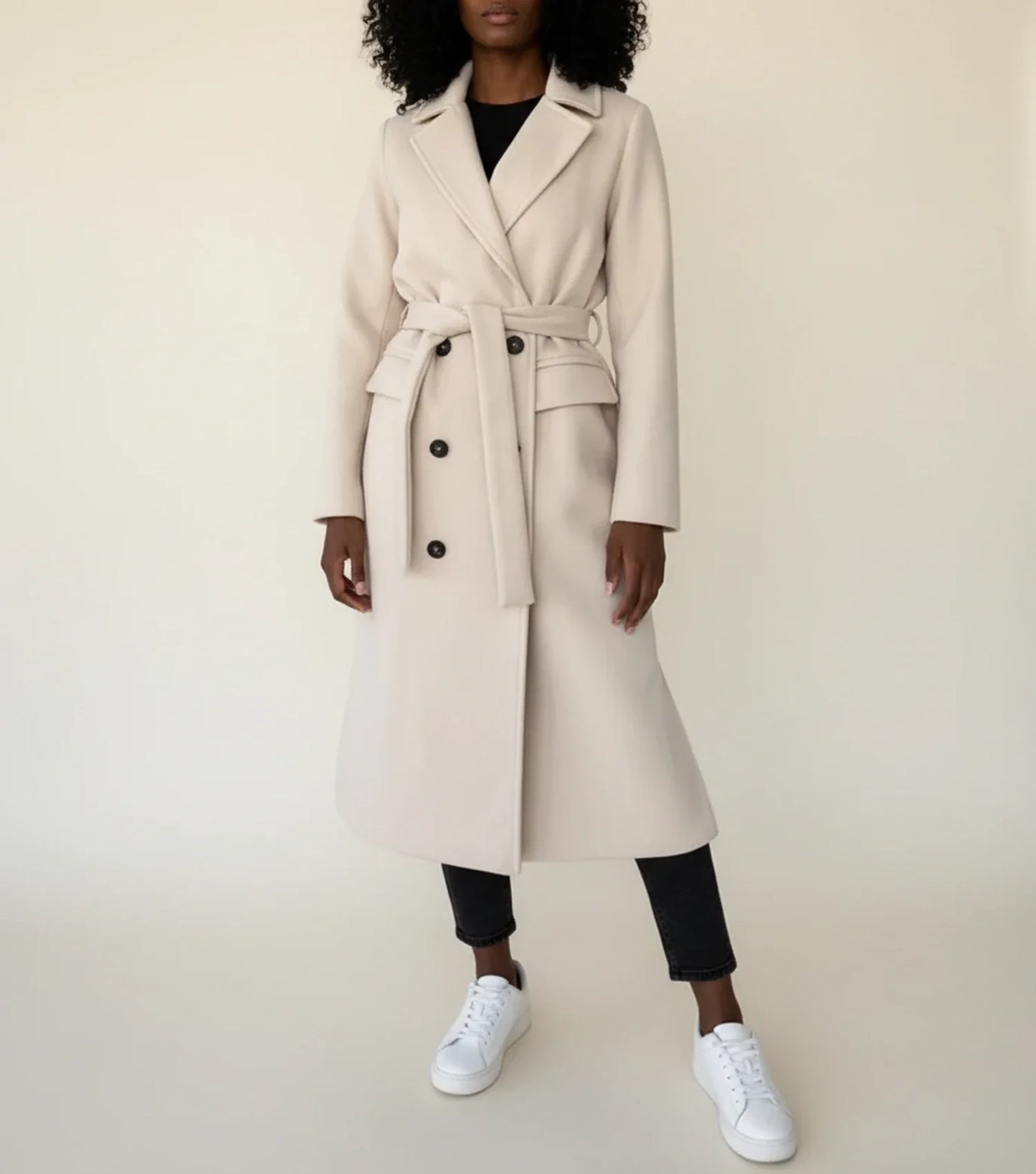 Manteau Mi-Long Ceinturé Double Boutonnage pour Femme