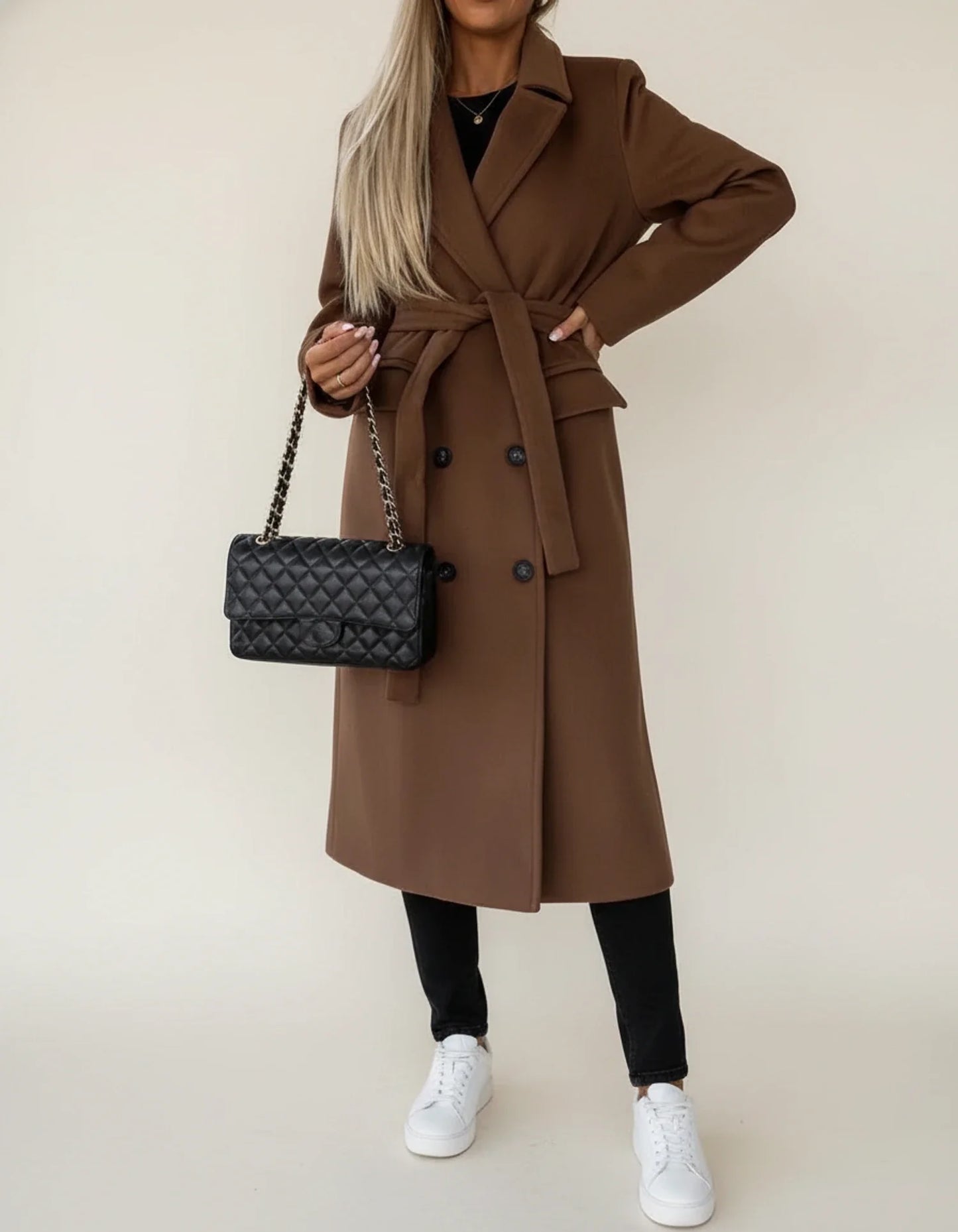 Manteau Mi-Long Ceinturé Double Boutonnage pour Femme