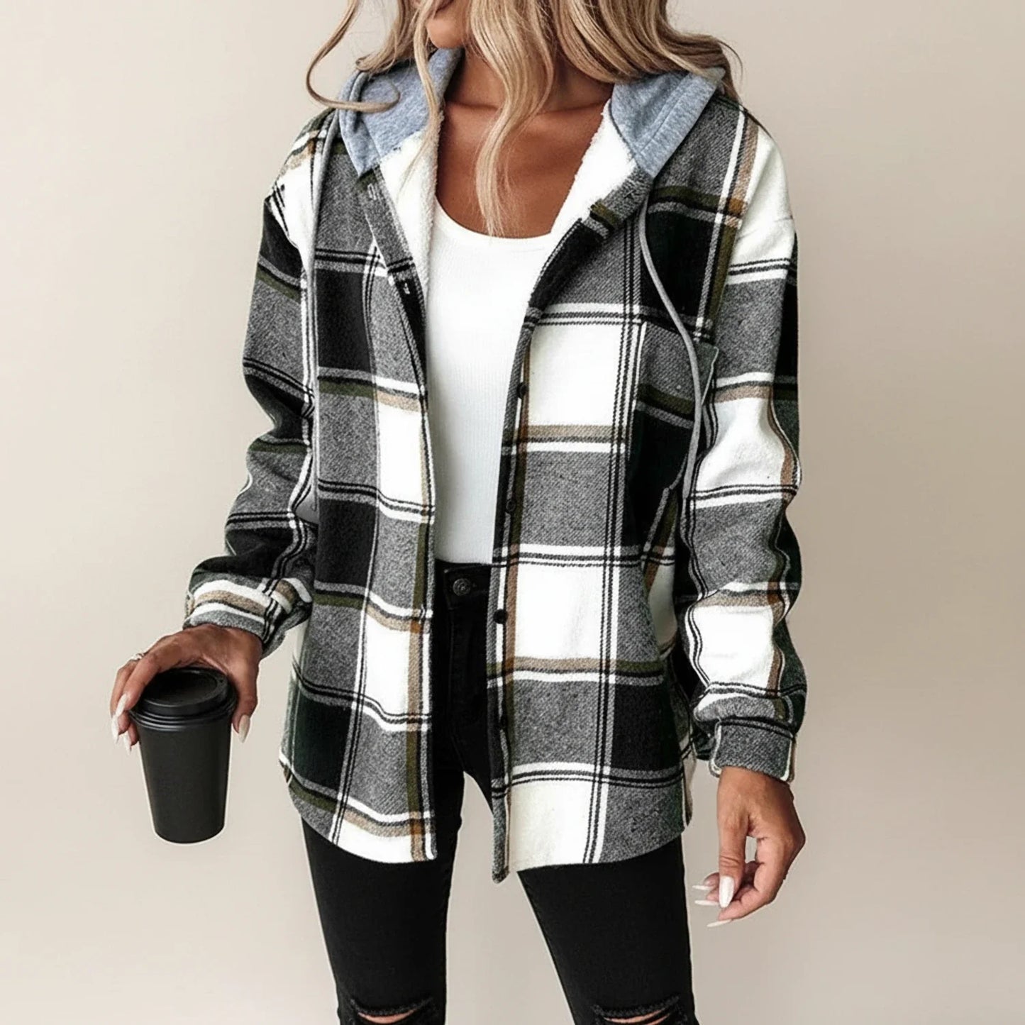 Veste à Carreaux Capuche Boutonnée pour Femme