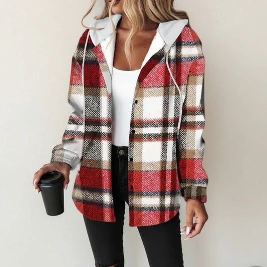Veste à Carreaux Capuche Boutonnée pour Femme