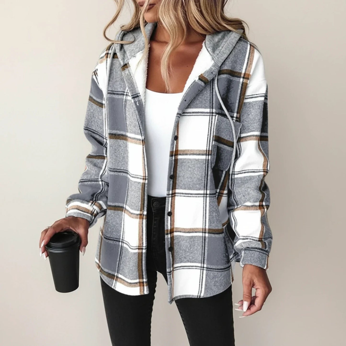 Veste à Carreaux Capuche Boutonnée pour Femme