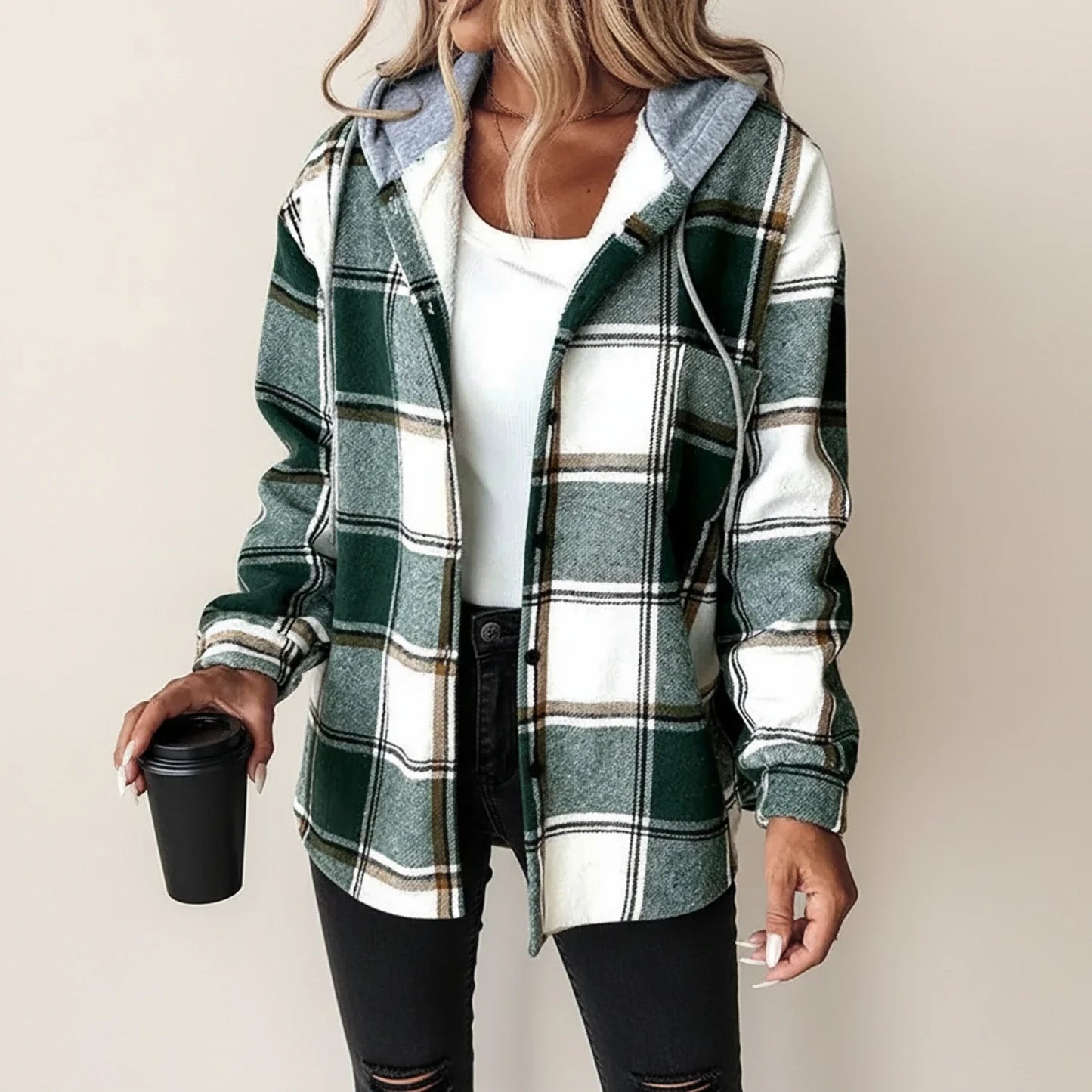 Veste à Carreaux Capuche Boutonnée pour Femme