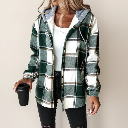 Veste à Carreaux Capuche Boutonnée pour Femme